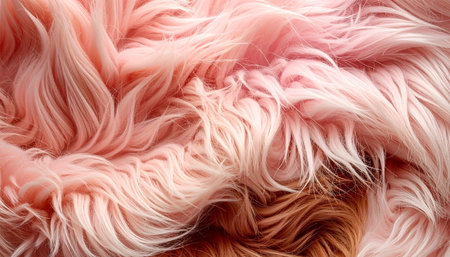 A close-up view of luxurious pink faux fur, with its long, soft fibers creating a dynamic and inviting texture. This plush, shaggy material evokes a sense of warmth, comfort, and gentle elegance, perfect for backgrounds in fashion, decor, or abstract design projects.の素材