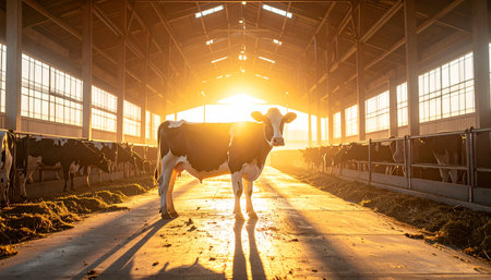 As the first rays of dawn pierce through the barn, a lone dairy cow stands in the golden aisle, bathed in the warm, hopeful light of a new day. The tranquil scene captures a moment of peace and serenity on a modern farm, highlighting the connection between nature and agriculture.の素材