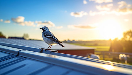 A small White Wagtail perches on a metal rooftop, greeting the day as the warm, golden sun rises over the tranquil countryside. This serene moment captures the quiet beauty of nature and the peaceful start of a new morning.の素材