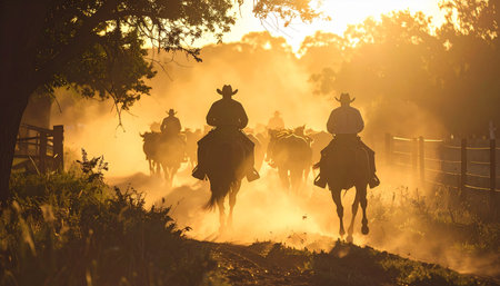 Silhouetted against a brilliant golden sunset, a group of cowboys on horseback kick up dust as they ride down a rural trail. This cinematic scene captures the timeless spirit of the American West, evoking feelings of adventure, hard work, and the enduring legacy of the ranching lifestyle.の素材