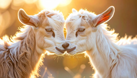 In the warm, ethereal glow of a golden sunset, two young goat kids share a tender moment. Nuzzling nose to nose, they create a heartwarming picture of innocence, friendship, and the simple, pure connections found in nature.の素材