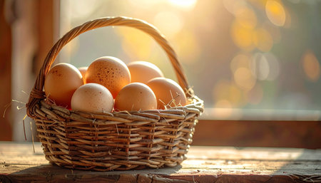 A wicker basket filled with freshly gathered brown eggs sits on a rustic wooden surface. Warm, golden sunlight streams through a window, illuminating the scene and promising a wholesome, farm-to-table breakfast. This image evokes feelings of nostalgia, simplicity, and the start of a new day.の素材