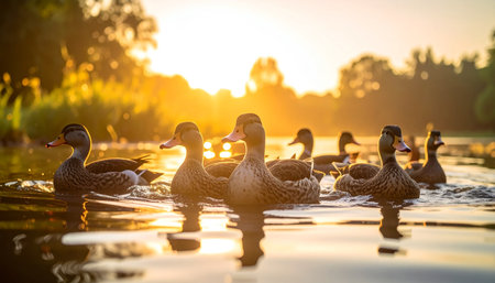 A flock of ducks glides peacefully across a calm lake, their silhouettes beautifully outlined by the warm, golden glow of a setting sun. The tranquil scene captures a moment of natural harmony and serene beauty as the day comes to a close.の素材