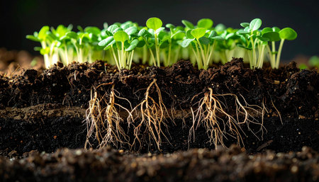 Beneath the surface of fresh, green sprouts, a complex and vital network of roots anchors new life. This cross-section view reveals the hidden foundation of growth, symbolizing strength, potential, and the unseen beginnings of all great things.の素材