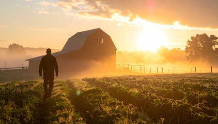 A lone farmer walks through the misty fields at the break of dawn, the rising sun casting a golden glow over the landscape. This image captures a moment of quiet dedication and the hopeful promise of a new day in the heart of the countryside.の素材