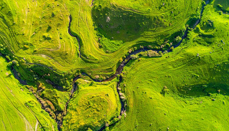 From a breathtaking top-down perspective, a serpentine river carves its path through a vibrant, sun-kissed green valley. This abstract natural pattern evokes a sense of journey, flow, and the untouched beauty of the earths ecosystems.の素材