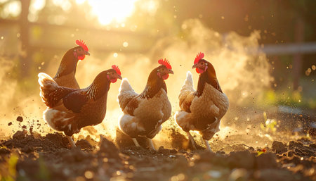 As the sun dips low, casting a warm golden glow across the farm, a flock of free-range hens happily forages in the rich soil. The air is filled with a hazy dust kicked up by their scratching, creating a serene and idyllic scene of sustainable agriculture and peaceful country living.の素材