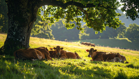 On a warm summer afternoon, a herd of cows finds peaceful respite from the golden sun under the sprawling branches of an old oak tree. The dappled light filters through the leaves, creating a serene and idyllic scene of contentment in the quiet countryside.の素材