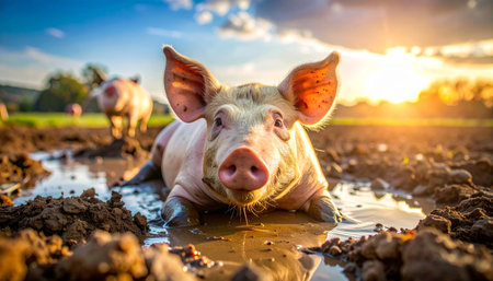 A happy young piglet finds pure bliss, relaxing in a cool, muddy puddle as the warm golden light of sunset bathes the farm field. This charming scene captures a moment of simple joy and the rustic beauty of country living.の素材