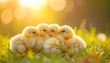 A group of fluffy, newborn chicks huddle together for warmth and comfort in the soft green grass. Bathed in the magical glow of a golden sunset, this scene captures the innocence, fragility, and beauty of new life and togetherness in the spring.の素材
