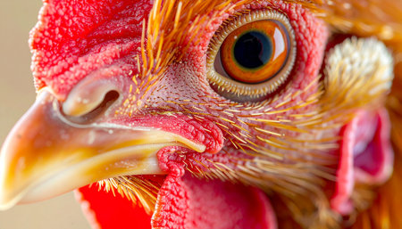 An extreme macro photograph captures the intense and watchful eye of a hen. The incredible detail reveals the intricate textures of its comb, feathers, and beak, offering a surprisingly intimate and powerful portrait of a common farm animal.の素材