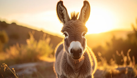 A charming young donkey stands peacefully in a field, its silhouette beautifully backlit by the warm, golden glow of a setting sun. With a gentle and curious expression, it looks directly into the camera, creating a moment of sweet connection and rural tranquility.の素材