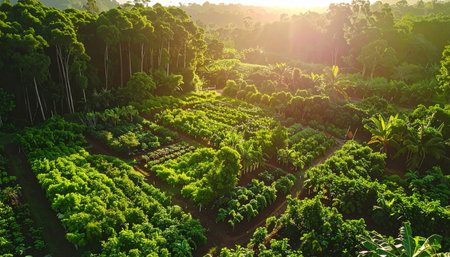 The first light of dawn spills over the horizon, casting a warm, golden glow across a sprawling green plantation nestled in a tropical valley. This aerial perspective captures the harmony between sustainable agriculture and the surrounding pristine jungle, symbolizing growth, renewal, and a deep connection to the earth.の素材
