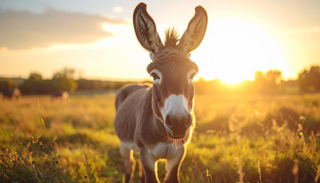 A curious and friendly donkey stands in a sun-drenched pasture, its large ears perked as it gazes directly into the camera. The warm, golden light of the setting sun creates a beautiful lens flare, highlighting the peaceful and charming atmosphere of rural life at the end of a perfect day.の素材