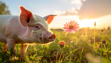 In the warm, golden light of a setting sun, a curious young piglet gently approaches a vibrant pink flower in a lush meadow. This charming scene captures a moment of peaceful discovery and the simple, beautiful connection between animals and nature.の素材