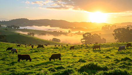 As the golden sun rises over the misty, rolling hills, a herd of cattle peacefully grazes in the lush green pasture. This idyllic scene captures the tranquility and natural beauty of a new day beginning in the countryside.の素材