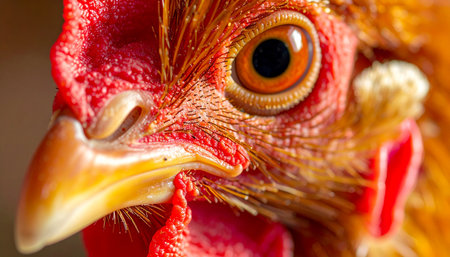 An extreme close-up reveals the intricate details of a hens watchful eye. The sharp focus captures a world of texture and color, from the vibrant red comb to the amber iris, offering an intimate and powerful glimpse into the life of a farm animal.の素材