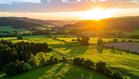 As the day ends, a golden sun dips below the horizon, casting long shadows and a warm, radiant glow across a vast expanse of rolling green hills and lush forests. This breathtaking aerial view captures the serene and tranquil beauty of the countryside, a perfect picture of peace and natural splendor.の素材