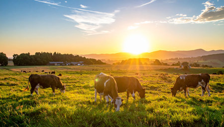 As the sun dips below the rolling hills, casting a warm golden glow across the landscape, a herd of cows peacefully grazes in a lush green pasture. This idyllic scene captures the tranquility of rural life and the simple beauty of nature at dusk.の素材