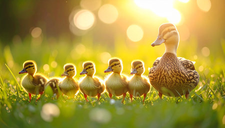 A devoted mother duck leads her line of fluffy ducklings through a lush green meadow, bathed in the warm, golden glow of a setting sun. This heartwarming scene captures the essence of family, guidance, and the innocent beauty of new life in nature.の素材