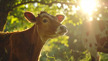 A young, curious calf stands peacefully in a lush green pasture, its silhouette softly illuminated by the warm, golden light of a setting sun. This idyllic scene captures the tranquility of rural life and the gentle innocence of nature.の素材