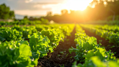 As the sun sets, its warm golden light bathes rows of crisp, green lettuce, ready for harvest. This tranquil scene captures the essence of sustainable farming and the journey from field to fork, symbolizing growth, health, and natural abundance.の素材