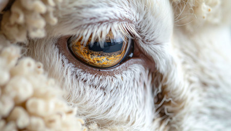 An extreme macro photograph captures the stunning detail of a sheeps eye. The golden iris with its unique horizontal pupil is framed by a sea of soft, white wool, offering an intimate and mesmerizing glimpse into the gentle world of this farm animal.の素材