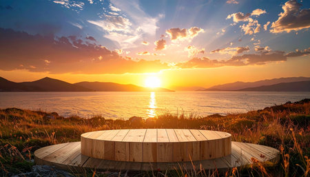 An empty circular wooden podium provides the perfect stage for a product showcase, set against a breathtaking sunset over a tranquil sea. The warm, golden light creates a serene and inspiring atmosphere, ideal for concepts of wellness, new beginnings, or natural beauty.の素材