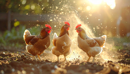 Three free-range hens forage in the rich soil of a sustainable farm as the sun casts a warm, golden glow. Backlit by the sunrise, particles of dust create a magical spray, capturing a perfect moment of peaceful country living.の素材