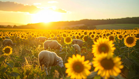 As the sun dips below the horizon, its golden rays bathe a vast sunflower field in a warm, ethereal glow. A flock of sheep grazes peacefully among the tall stalks, creating a serene and idyllic pastoral scene that captures the tranquil beauty of country living.の素材
