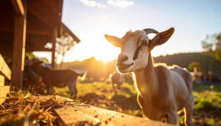 A friendly goat with a curious expression pauses in the warm, golden light of a setting sun. In the background, a rustic barn and rolling fields create a peaceful and idyllic scene of country life, evoking feelings of tranquility and simple living.の素材