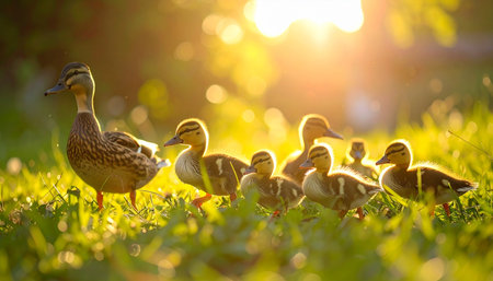 A mother duck leads her adorable brood of fluffy ducklings on an early morning adventure through a sun-drenched meadow. The warm, golden light of sunrise filters through the grass, creating a peaceful and idyllic scene of new life and maternal care.の素材