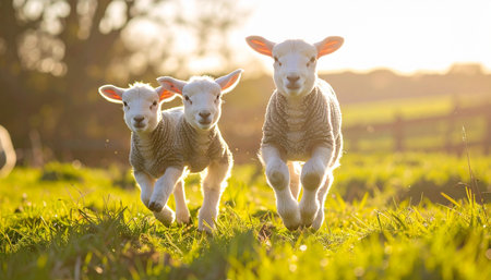 Three adorable lambs, full of life and energy, race across a lush green meadow as the warm golden light of sunset bathes the scene. Their playful spirit captures a perfect moment of innocence, joy, and the simple beauty of new life in the countryside.の素材