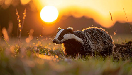 A wild European badger emerges into a grassy meadow, its fur beautifully backlit by the warm, golden glow of the setting sun. This tranquil scene captures a moment of peace and solitude in the heart of natures wilderness.の素材