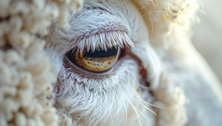 In this extreme close-up, the world is reflected in the gentle eye of a lamb. Surrounded by a cloud of soft, pure white wool, the image speaks to innocence, the beauty of nature, and the quiet sentience of farm life.の素材