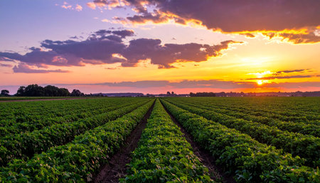 As the sun dips below the horizon, its last golden rays paint the sky in brilliant hues of orange and purple. Below, neat rows of healthy green crops stretch into the distance, a testament to a days hard work and the promise of a bountiful harvest. A tranquil scene of rural beauty and agricultural abundance.の素材