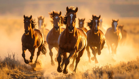 A powerful herd of wild horses thunders across the plains, their hooves kicking up a cloud of golden dust in the warm light of a dramatic sunset. This image captures a moment of untamed freedom, raw energy, and majestic natural beauty.の素材