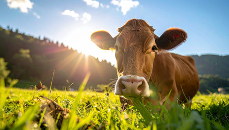 A curious brown cow pauses from grazing in a lush alpine meadow, looking directly into the camera as the warm golden hour sun casts a beautiful flare over the serene landscape. This image captures a moment of peace and connection with nature in the idyllic countryside.の素材