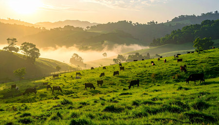 As the golden sun rises, its warm light cuts through the morning mist, illuminating a tranquil scene of cows grazing peacefully on lush, rolling green hills. This idyllic countryside landscape captures the serene beauty of a new day beginning on the farm, a moment of pure, natural harmony.の素材