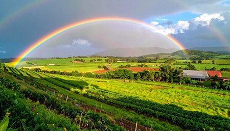 After a passing storm, a breathtakingly vibrant rainbow forms a perfect arch across the sky, casting a magical glow over the lush green fields of a rural farm. This serene and hopeful scene captures the promise of beauty and tranquility that follows the rain.の素材