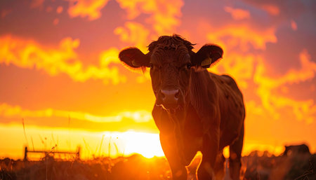 A lone cow stands peacefully in a pasture, its silhouette framed by the breathtaking, fiery glow of a dramatic sunset. The warm, golden light bathes the rural landscape, creating a moment of serene tranquility and rustic beauty at the end of the day.の素材