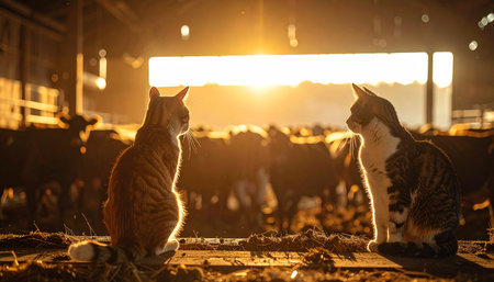 In the tranquil warmth of a setting sun, two cats sit facing each other inside a rustic barn. The golden light streams in, creating dramatic silhouettes and highlighting the peaceful end to a day on the farm.の素材