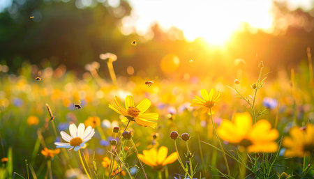 As the sun dips below the horizon, its last golden rays filter through a vibrant meadow, illuminating a tapestry of wildflowers. Tiny insects dance in the warm, hazy air, creating a scene of perfect, tranquil beauty and the quiet magic of a summer evening.の素材