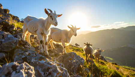 A herd of goats stands majestically on a rocky mountain summit, bathed in the warm, golden light of a spectacular sunrise. The lead goat looks on, embodying a spirit of freedom and adventure in the wild, untamed highlands.の素材