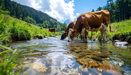 On a bright summer day in a lush alpine valley, a herd of brown cows quenches their thirst in the cool, crystal-clear water of a mountain stream. This idyllic scene captures the essence of natural farming, purity, and the peaceful harmony between livestock and their pristine environment.の素材
