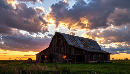 As the sun dips below the horizon, its last golden rays burst through dramatic clouds, casting a warm glow on the landscape. An old, weathered barn stands as a silent silhouette against the vibrant twilight sky, evoking a sense of nostalgia and the quiet beauty of rural life.の素材