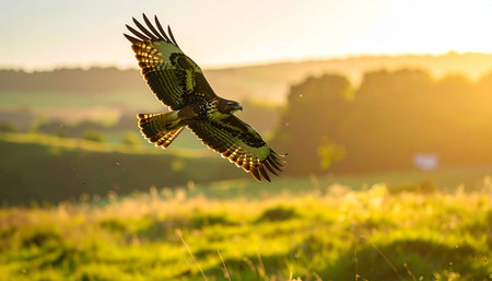 As the sun casts a warm, golden glow across the rolling hills, a majestic hawk soars gracefully through the tranquil sky. This powerful bird of prey embodies the spirit of freedom and the untamed beauty of the natural world, captured in a moment of serene flight.の素材