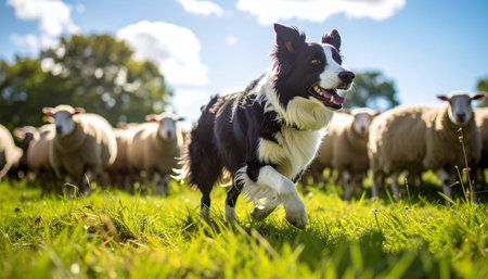 A highly focused Border Collie demonstrates its natural herding instincts, skillfully managing a flock of sheep across a vibrant green pasture on a sunny day. This image captures the essence of intelligence, dedication, and the timeless partnership between dog and farmer in agriculture.の素材