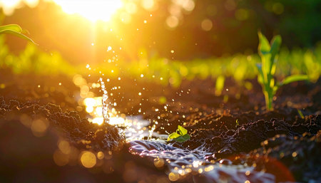 As the golden sun sets, gentle streams of water splash onto the rich soil, nurturing young seedlings. Each droplet catches the light, symbolizing a moment of care, growth, and the promising start of a new harvest in a sustainable garden.の素材