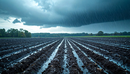 A freshly plowed agricultural field with water-filled furrows reflects a dark, dramatic sky. This moody landscape captures the anticipation of a coming storm, symbolizing the power of nature and the start of a new planting season.の素材